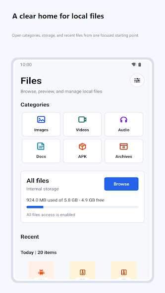 FileGo home screen showing file categories, storage usage, and recent files